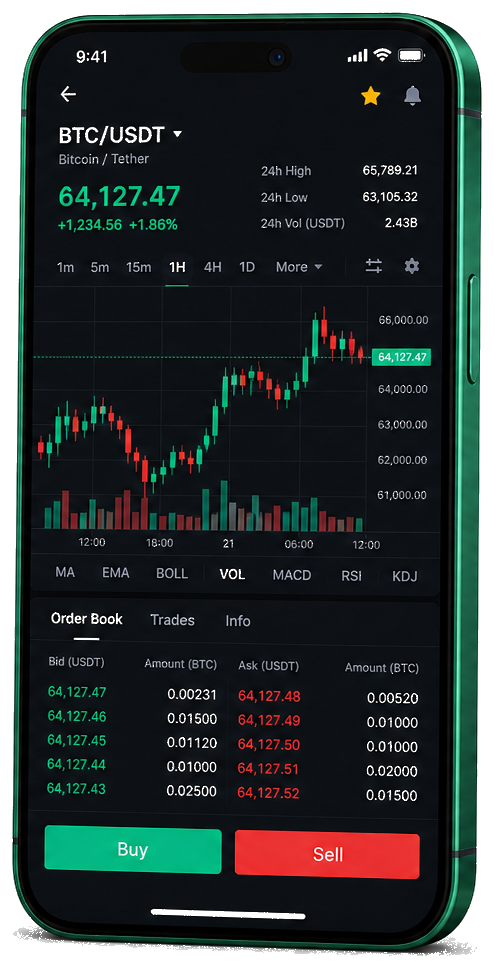 Bright Accrudance mobile trading platform — live BTC/USDT chart, order book and buy/sell interface